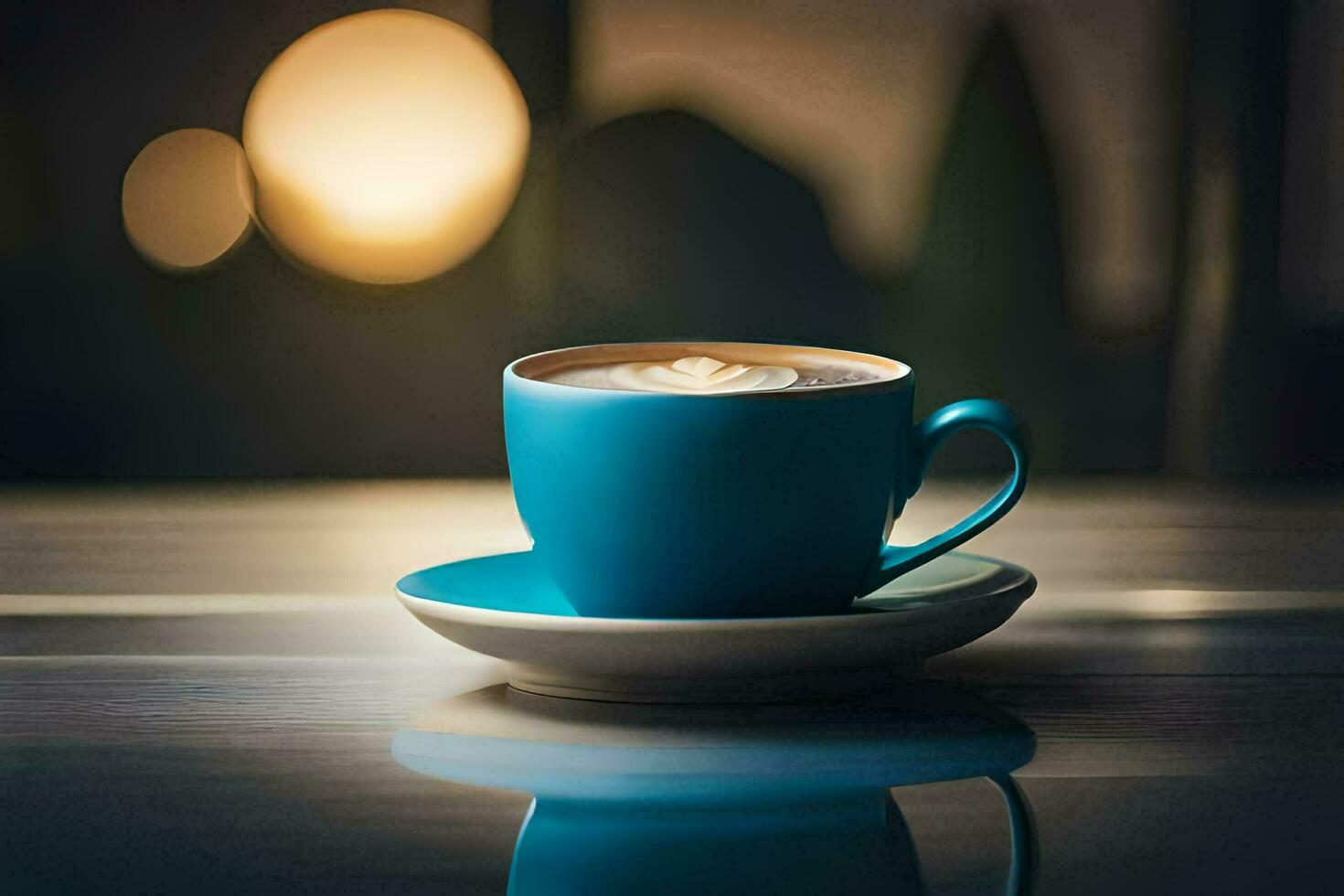 a blue cup of coffee sits on a saucer. AI-Generated photo