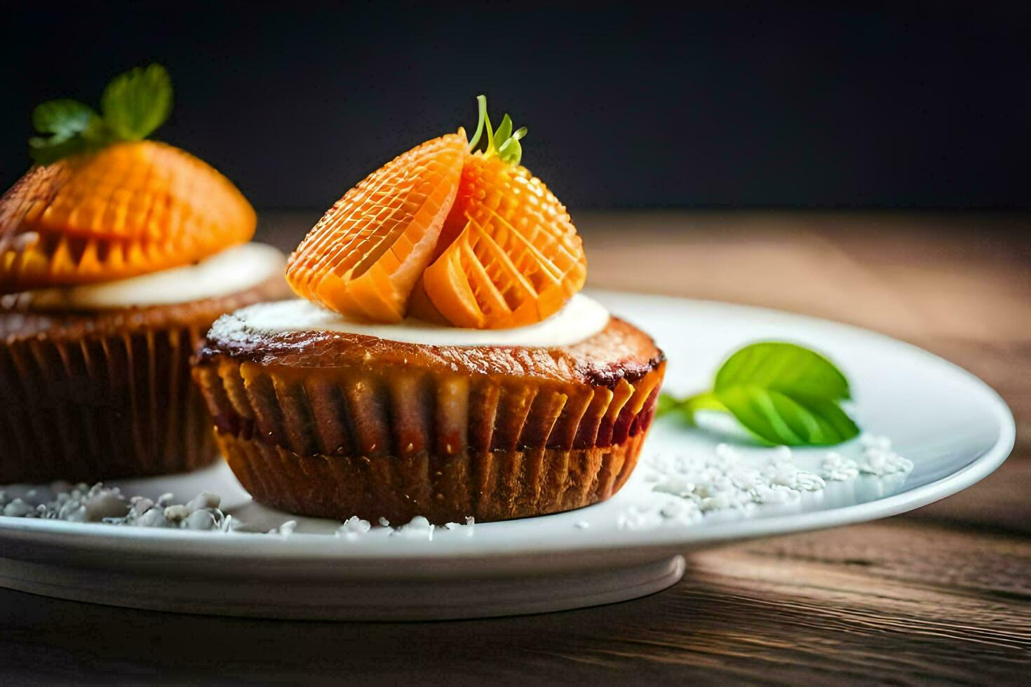 two cupcakes with cream cheese frosting on a white plate. AI-Generated photo