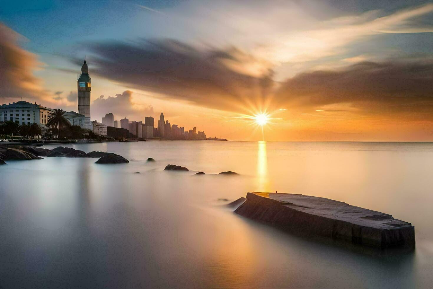 el Dom sube terminado el ciudad horizonte en esta largo exposición fotografía. generado por ai foto