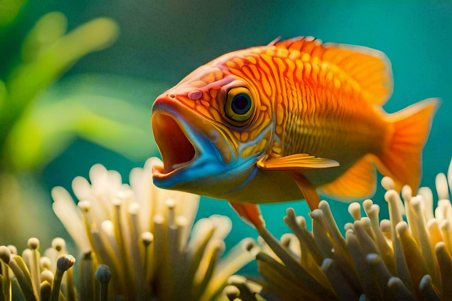 an orange fish with its mouth open in the ocean. AI-Generated photo