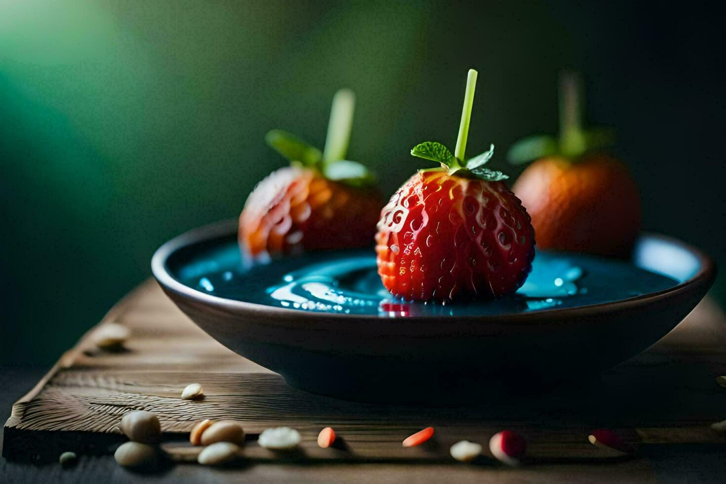 three strawberries are sitting in a bowl with blue liquid. AI-Generated photo