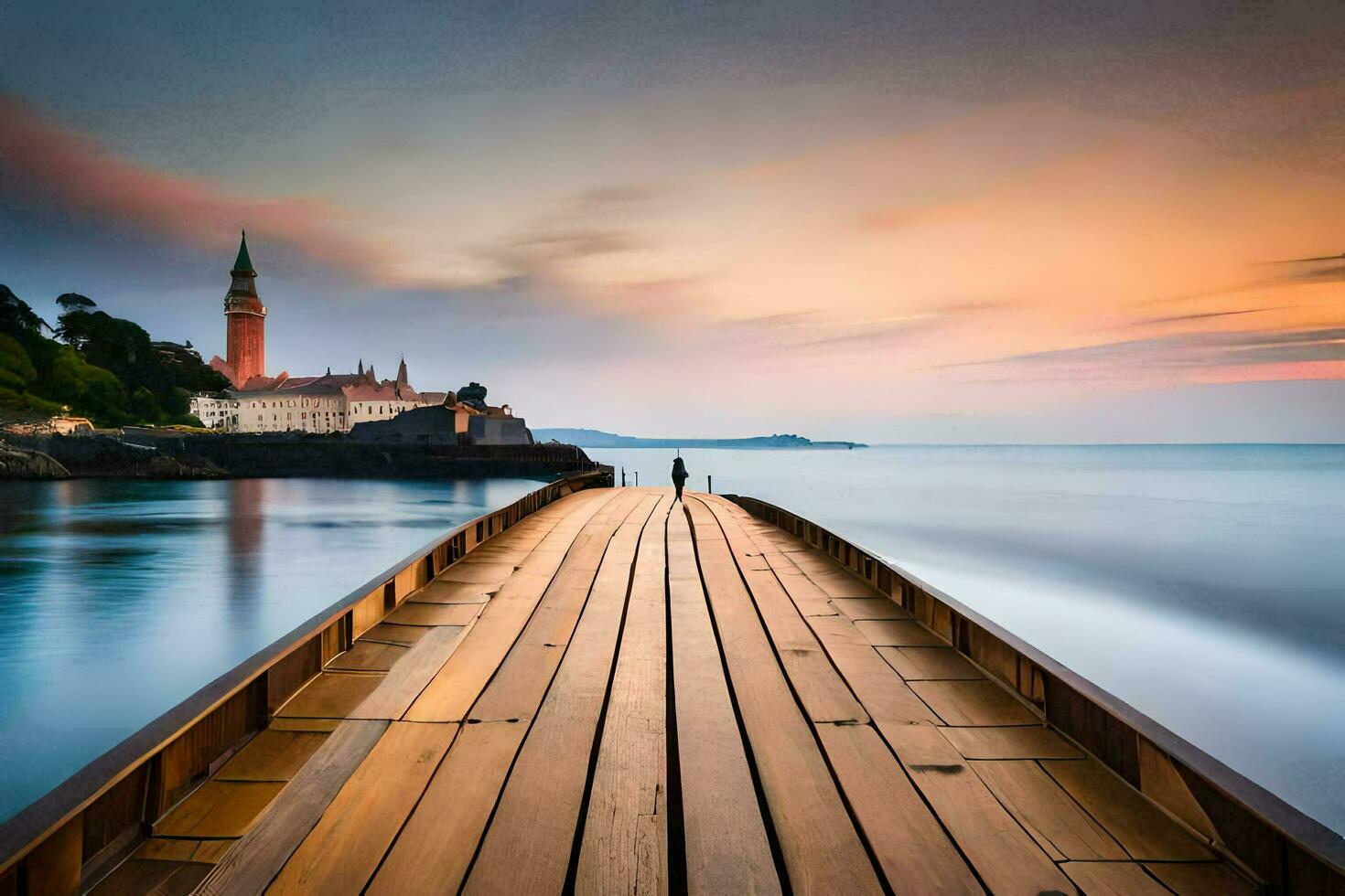 a wooden pier stretches out into the ocean at sunset. AI-Generated photo