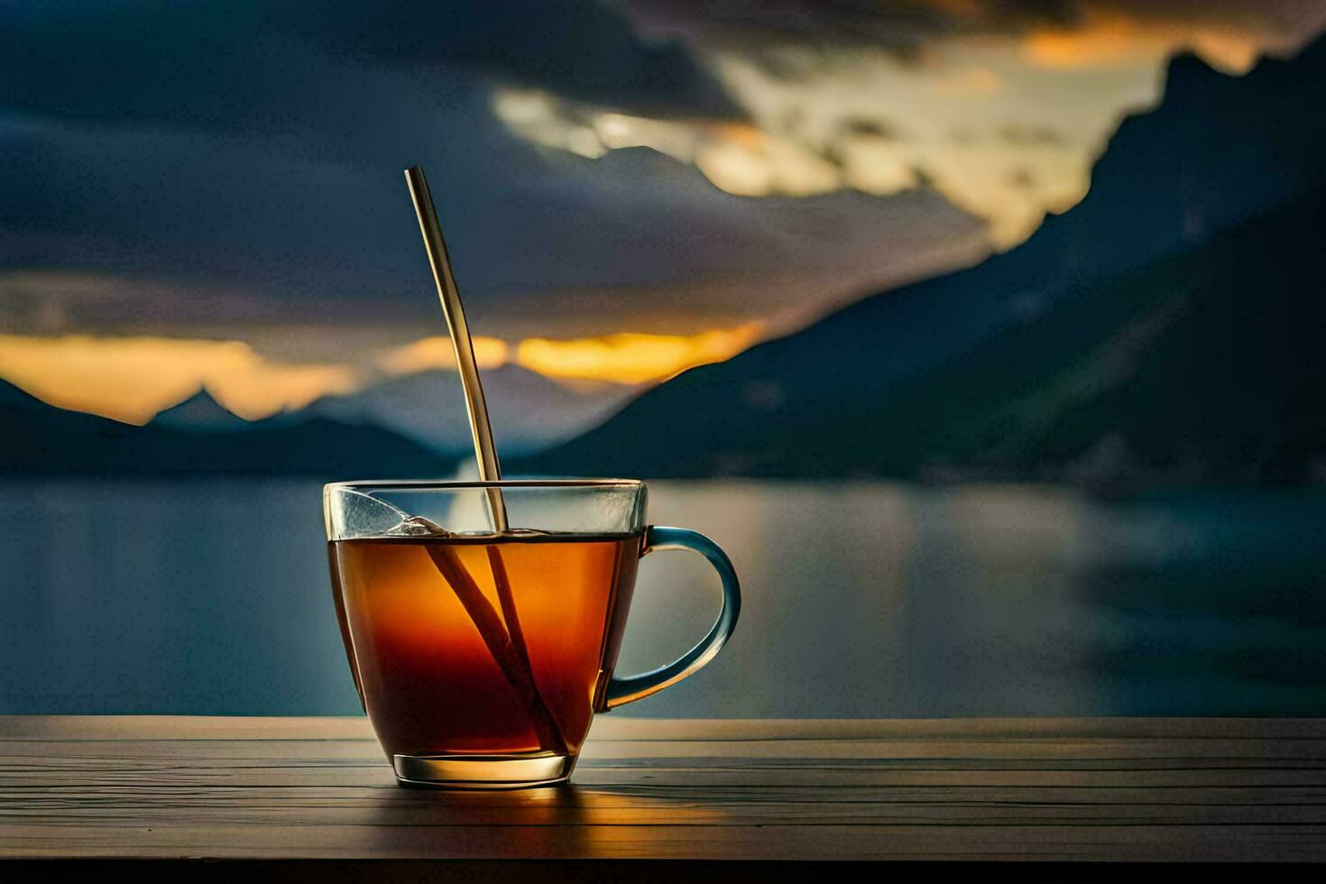 a glass of tea on a wooden table with a mountain in the background. AI-Generated photo