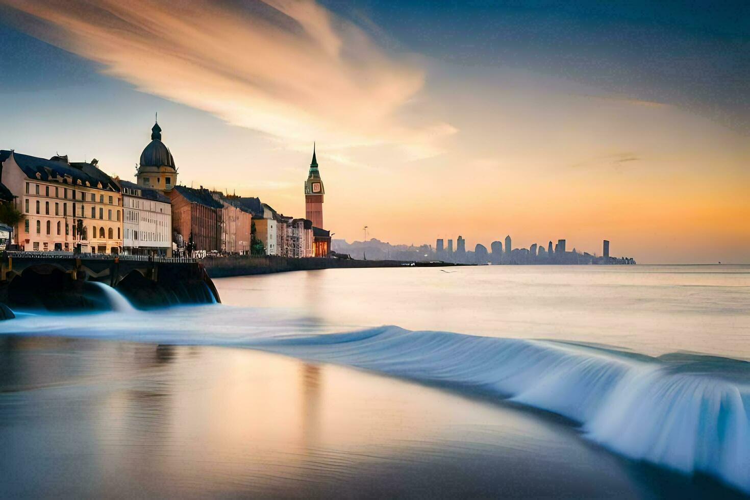 a city skyline at sunset with a wave crashing into the water. AI-Generated photo