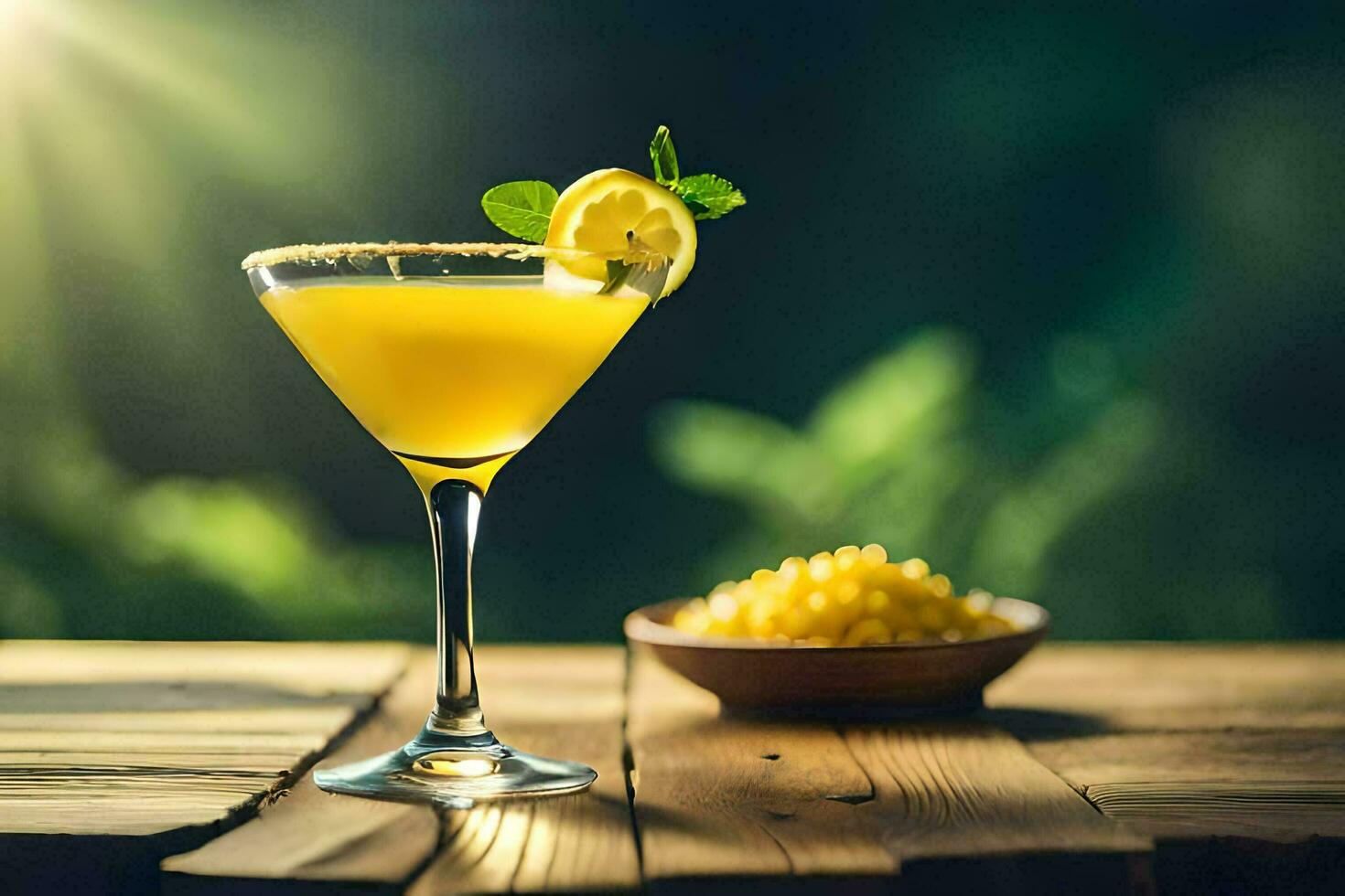 a cocktail with lemon and mint on a wooden table. AI-Generated photo