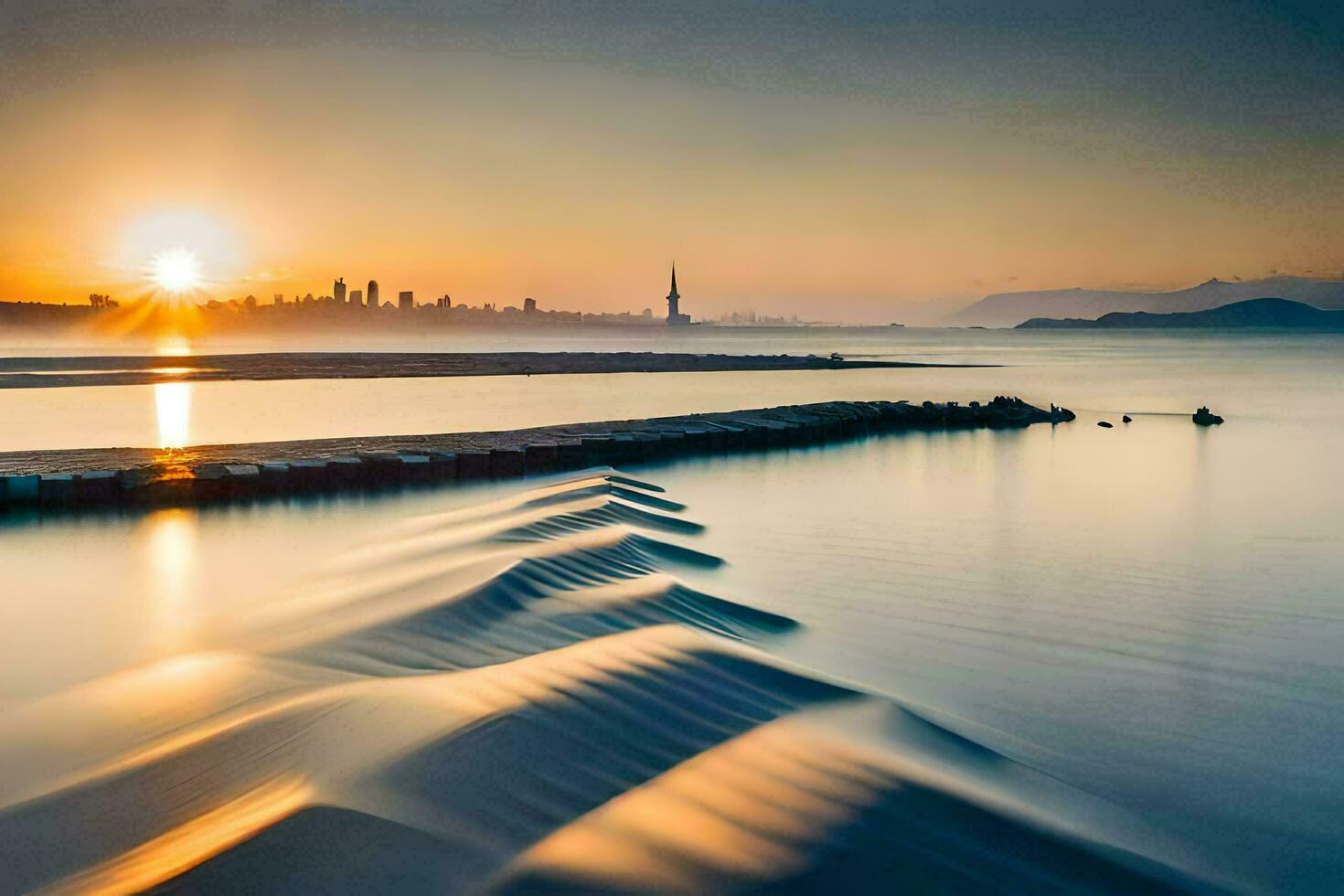 the sun rises over the water and a city skyline. AI-Generated photo