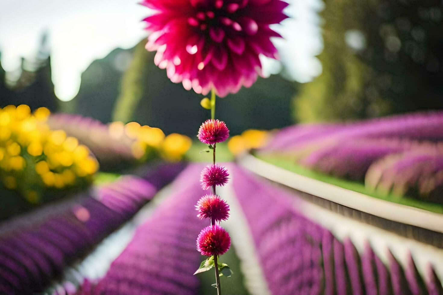 a pink flower is hanging from a vine in a field. AI-Generated photo