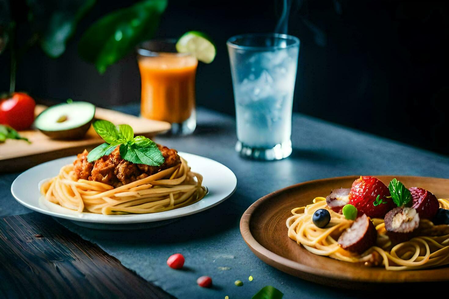 spaghetti with meatballs and tomato sauce on a wooden table. AI-Generated photo