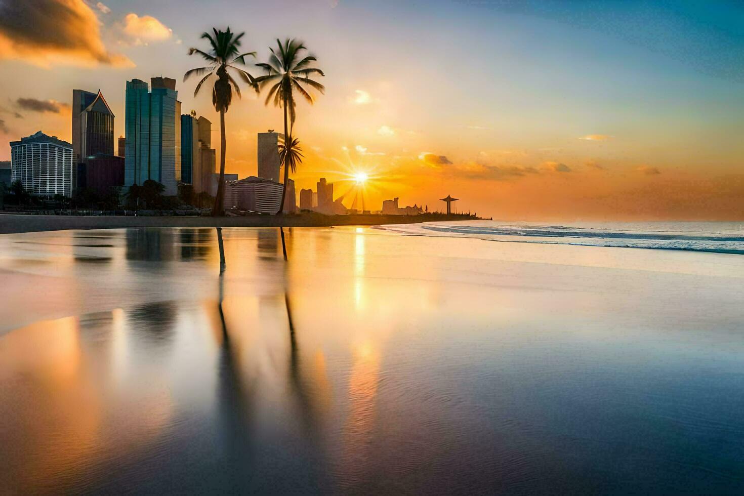 the sun sets over the beach and city skyline. AI-Generated photo