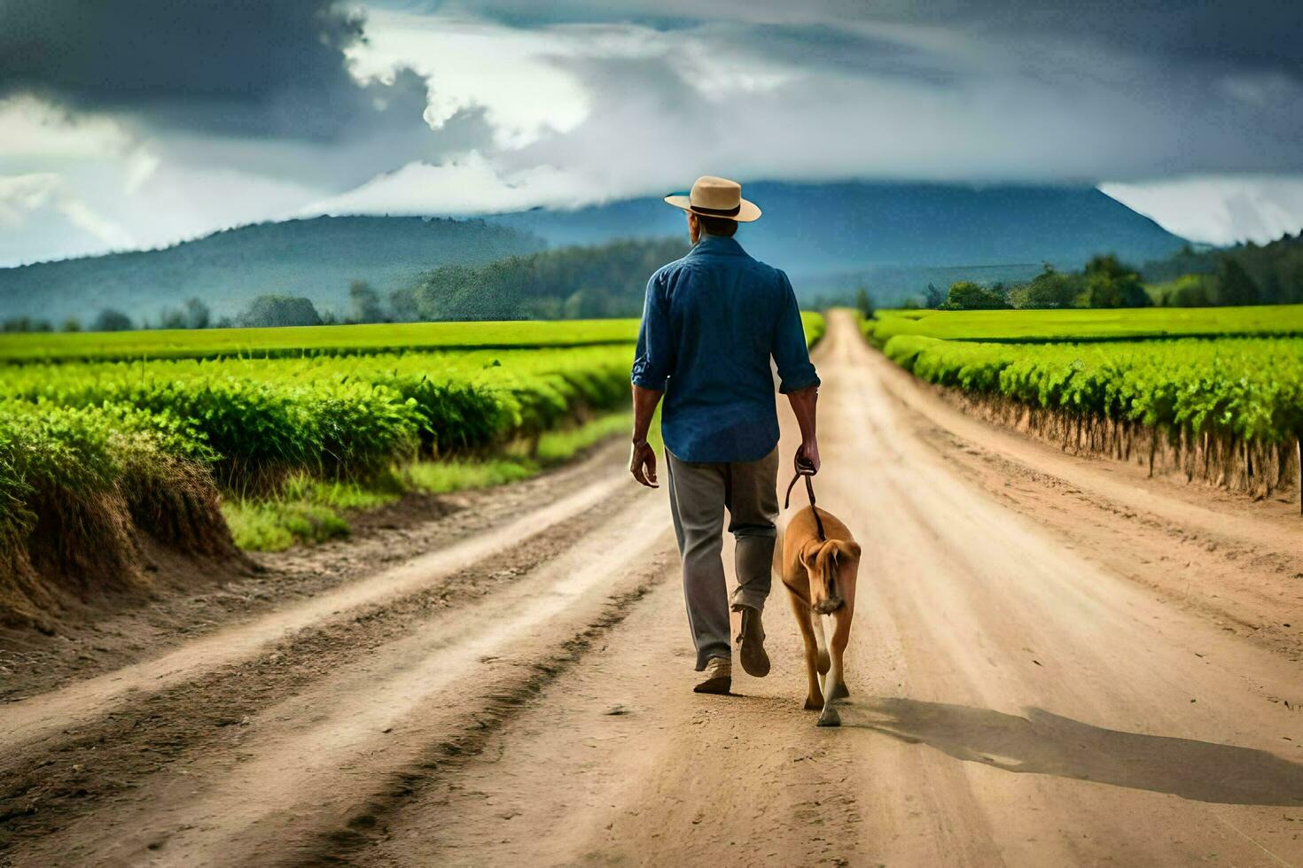 un hombre caminando su perro abajo un suciedad la carretera. generado por ai foto