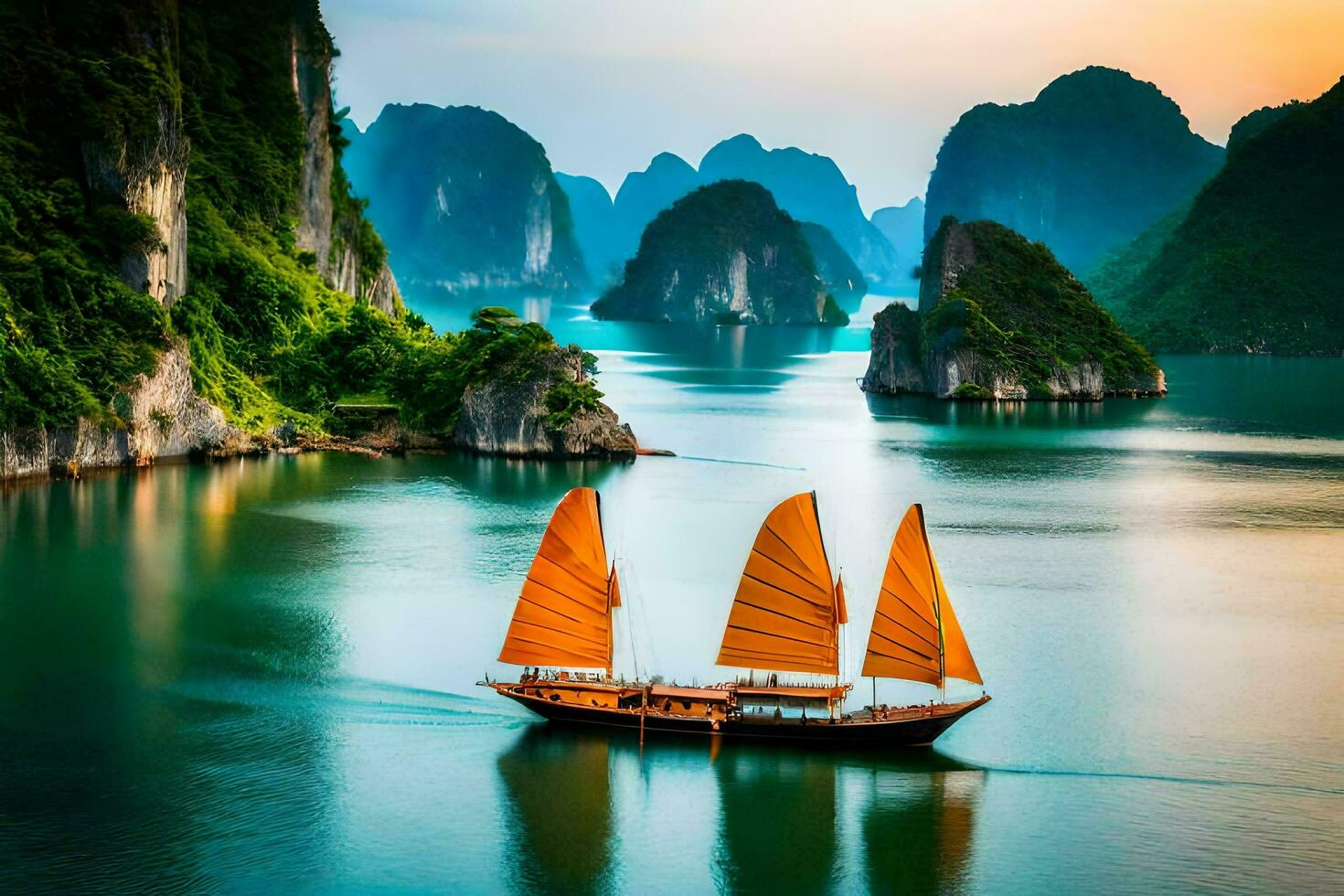 a boat with yellow sails in the water near mountains. AI-Generated photo