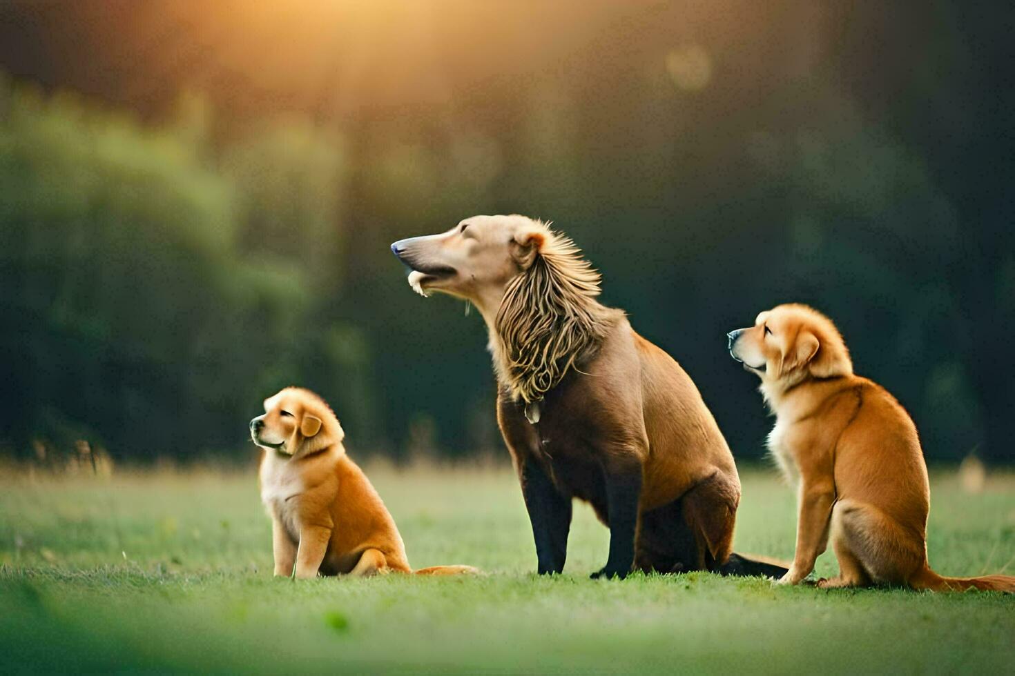 three dogs sitting on the grass in front of a sun. AI-Generated photo