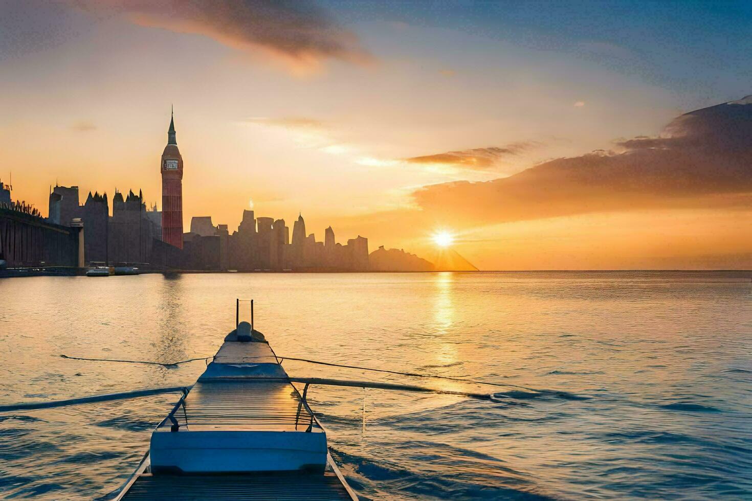 a boat in the water with a city skyline in the background. AI-Generated photo