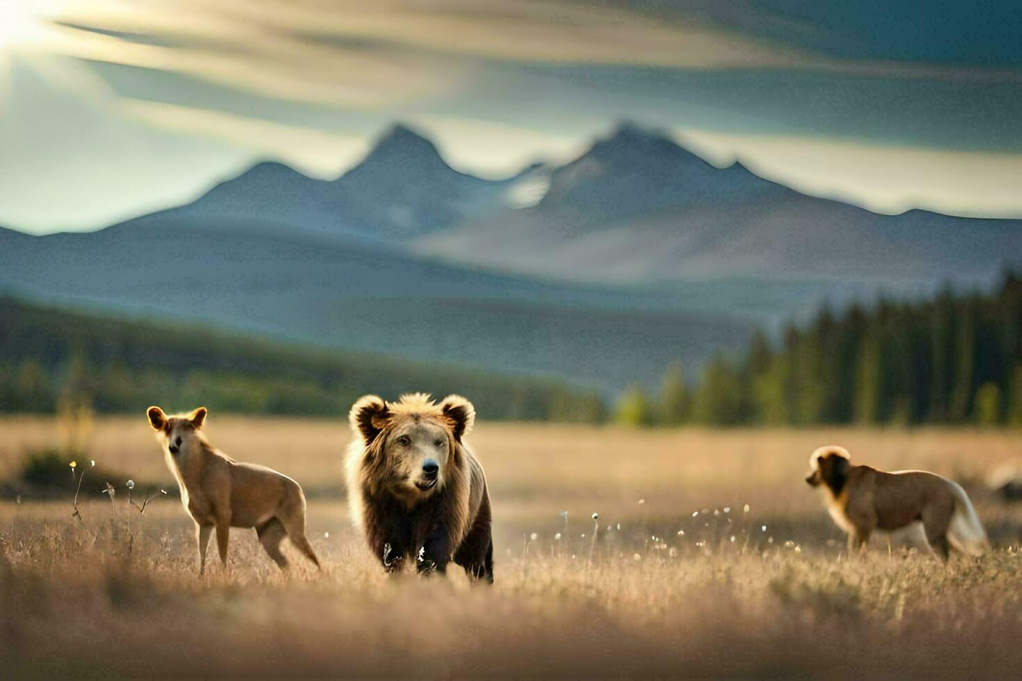 a bear and two dogs in a field with mountains in the background. AI-Generated photo