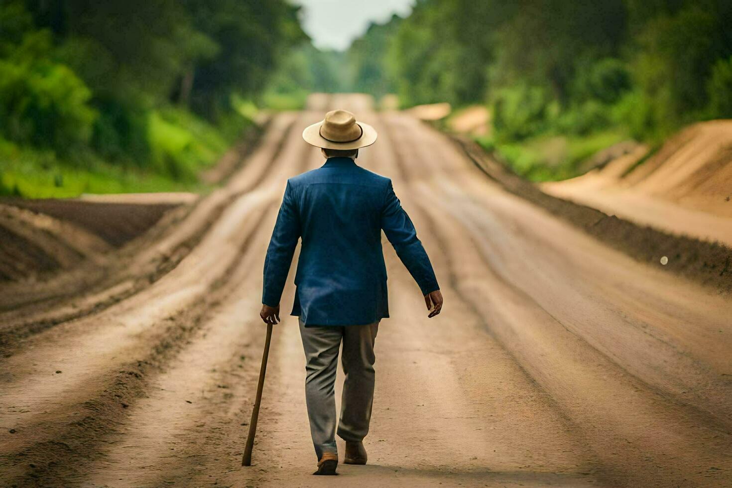 a man in a suit and hat walking down a dirt road. AI-Generated photo