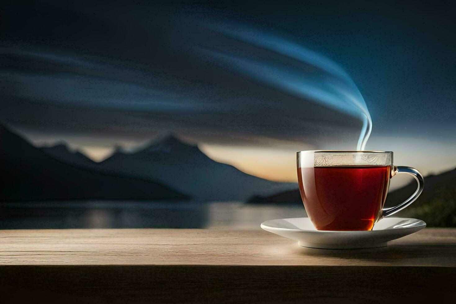 a cup of tea on a wooden table with a lake in the background. AI-Generated photo