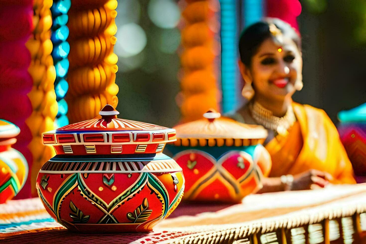 a woman in an indian sari stands next to colorful pots. AI-Generated photo