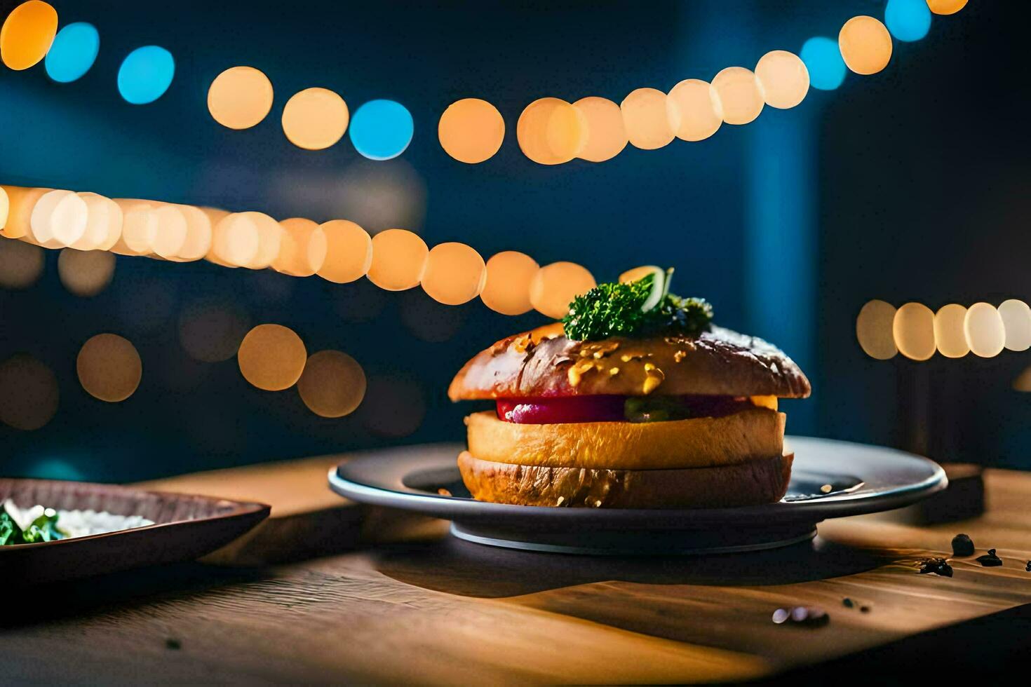 a hamburger on a plate with lights in the background. AI-Generated photo