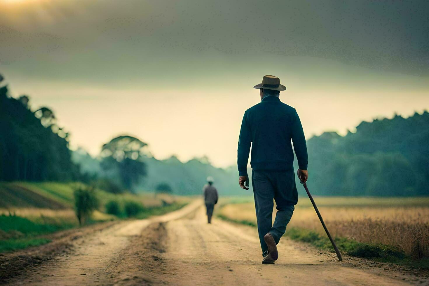 un hombre caminando abajo un suciedad la carretera con un caña. generado por ai foto