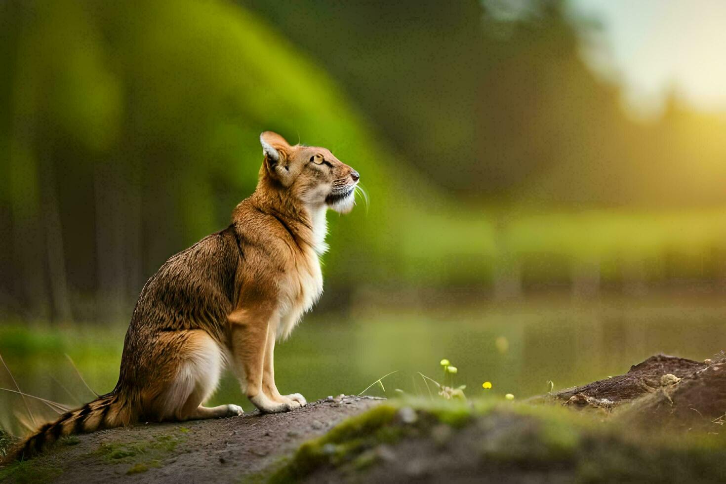 a lynx sitting on the edge of a river. AI-Generated photo
