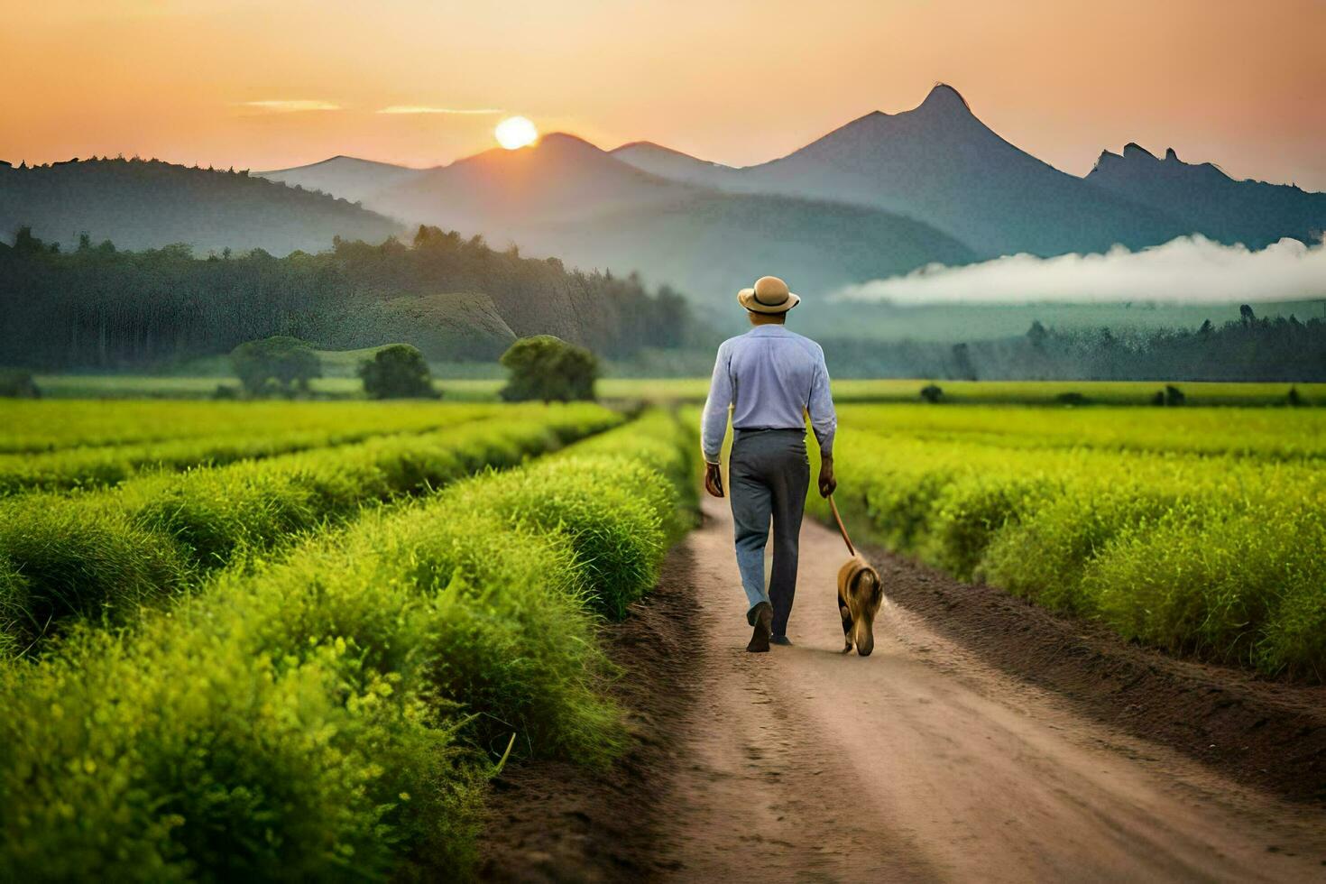 a man walking his dog through a field of green grass. AI-Generated photo
