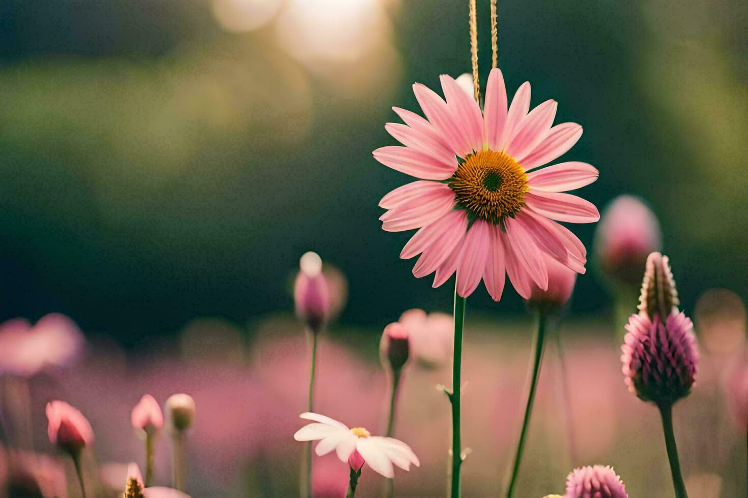 pink flowers in a field with sun shining. AI-Generated photo