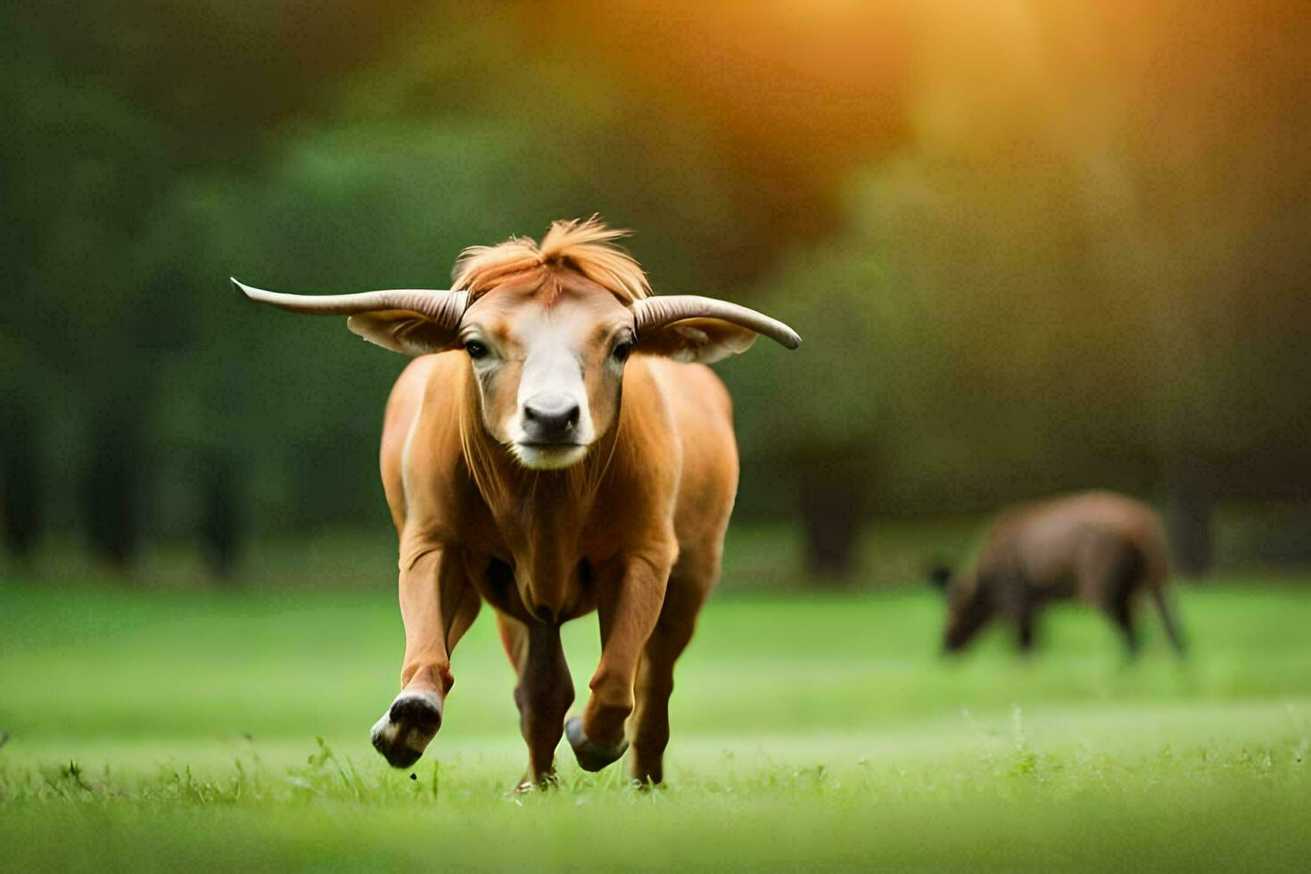 a cow running in the grass. AI-Generated photo