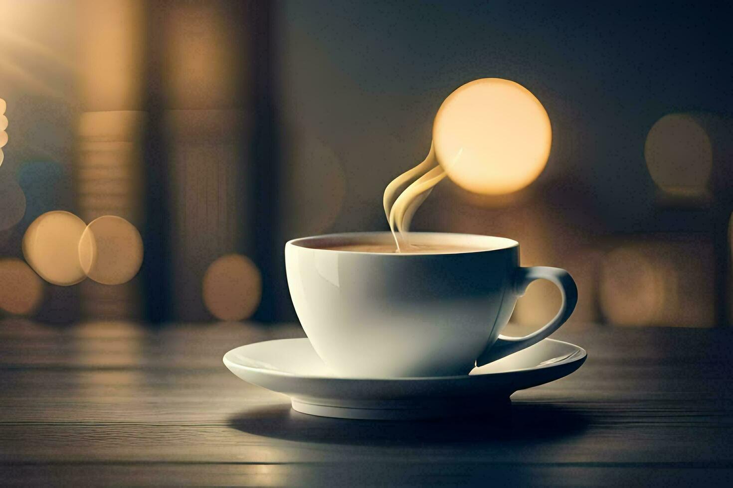 a cup of coffee on a table with a cityscape in the background. AI-Generated photo