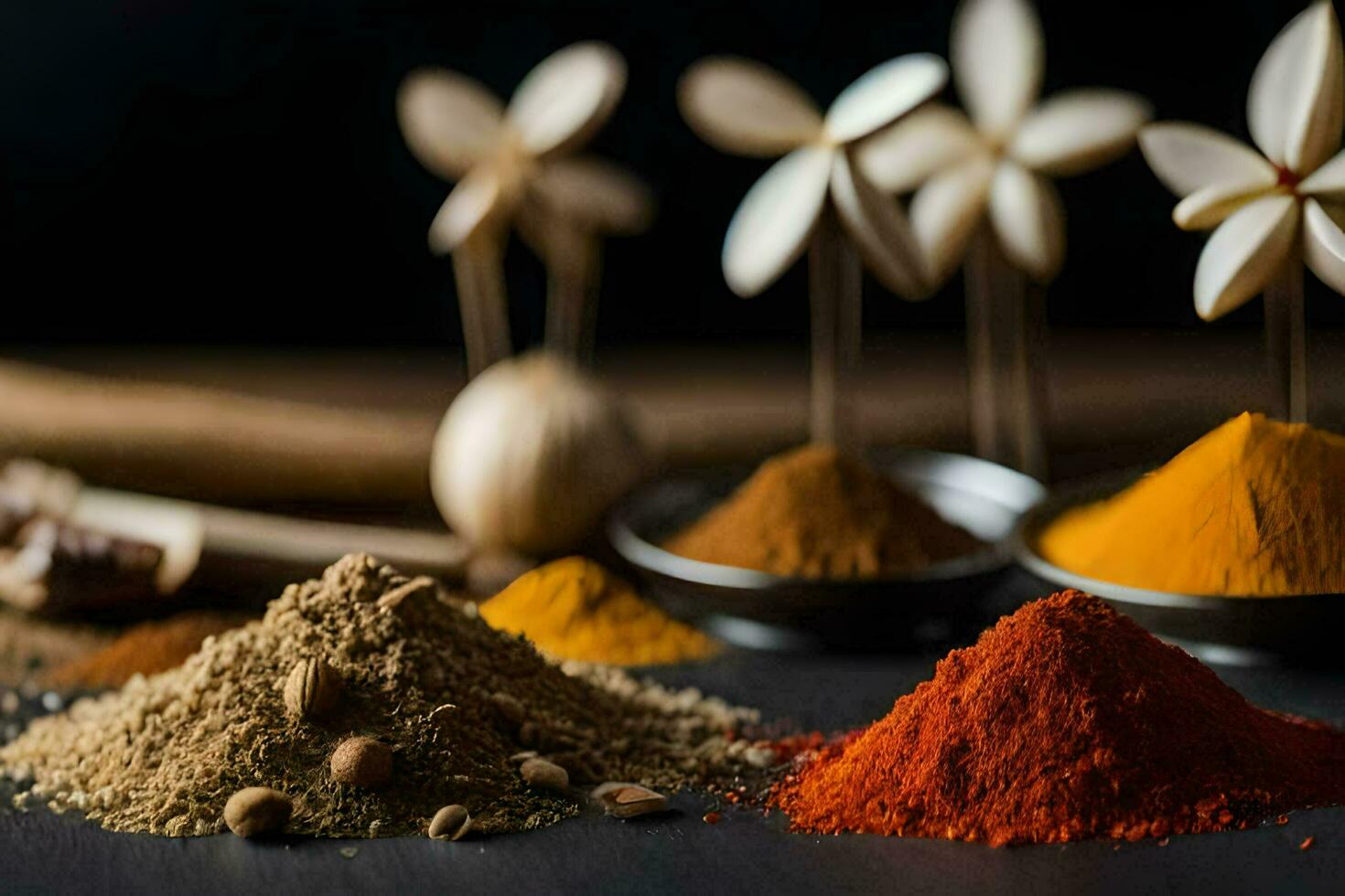 various spices and spices on a black background. AI-Generated photo