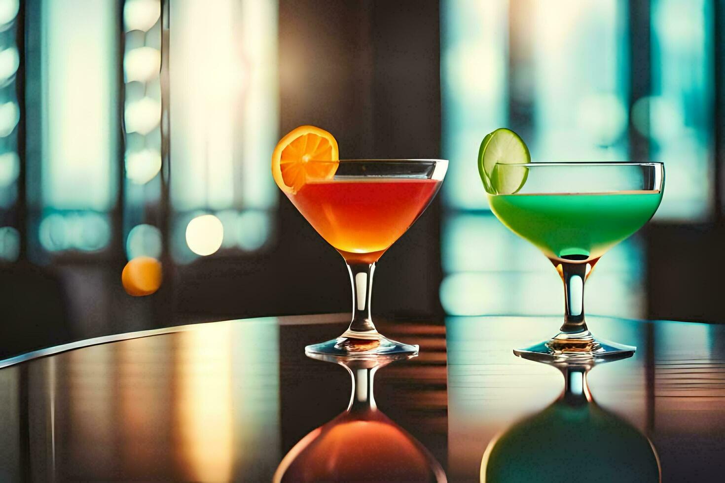 two colorful cocktails on a table. AI-Generated photo