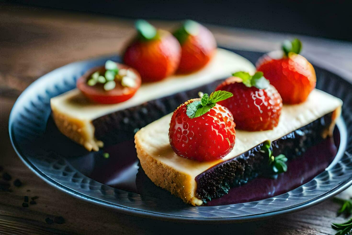 two slices of cheesecake with strawberries on top. AI-Generated photo