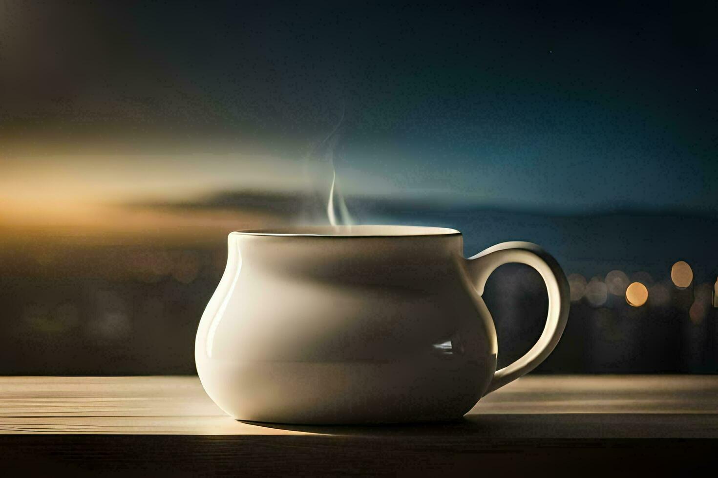 a cup of coffee on a table with a city in the background. AI-Generated photo
