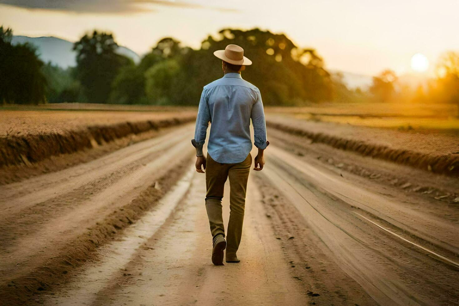 a man in a hat walks down a dirt road. AI-Generated photo