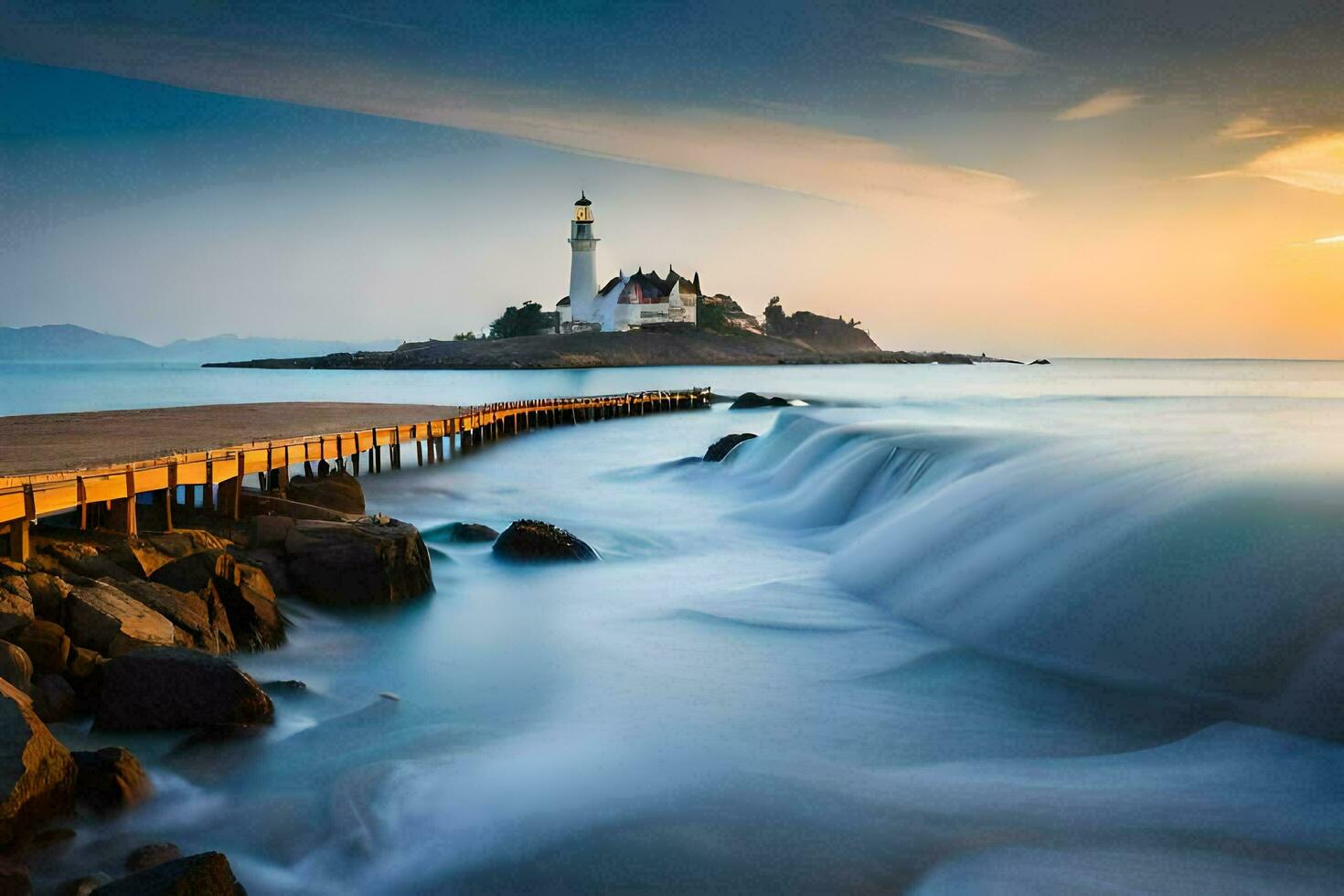 el faro a puesta de sol con olas estrellarse dentro el rocas generado por ai foto