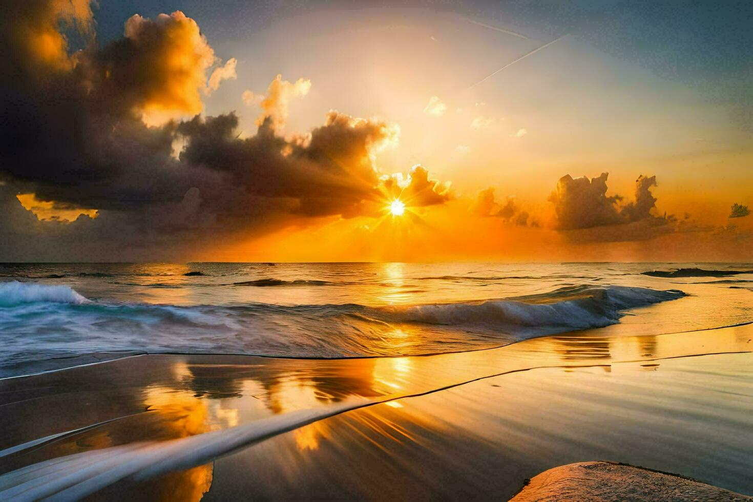 sunset on the beach, waves, clouds, water, beach, sunset, the ocean,. AI-Generated photo