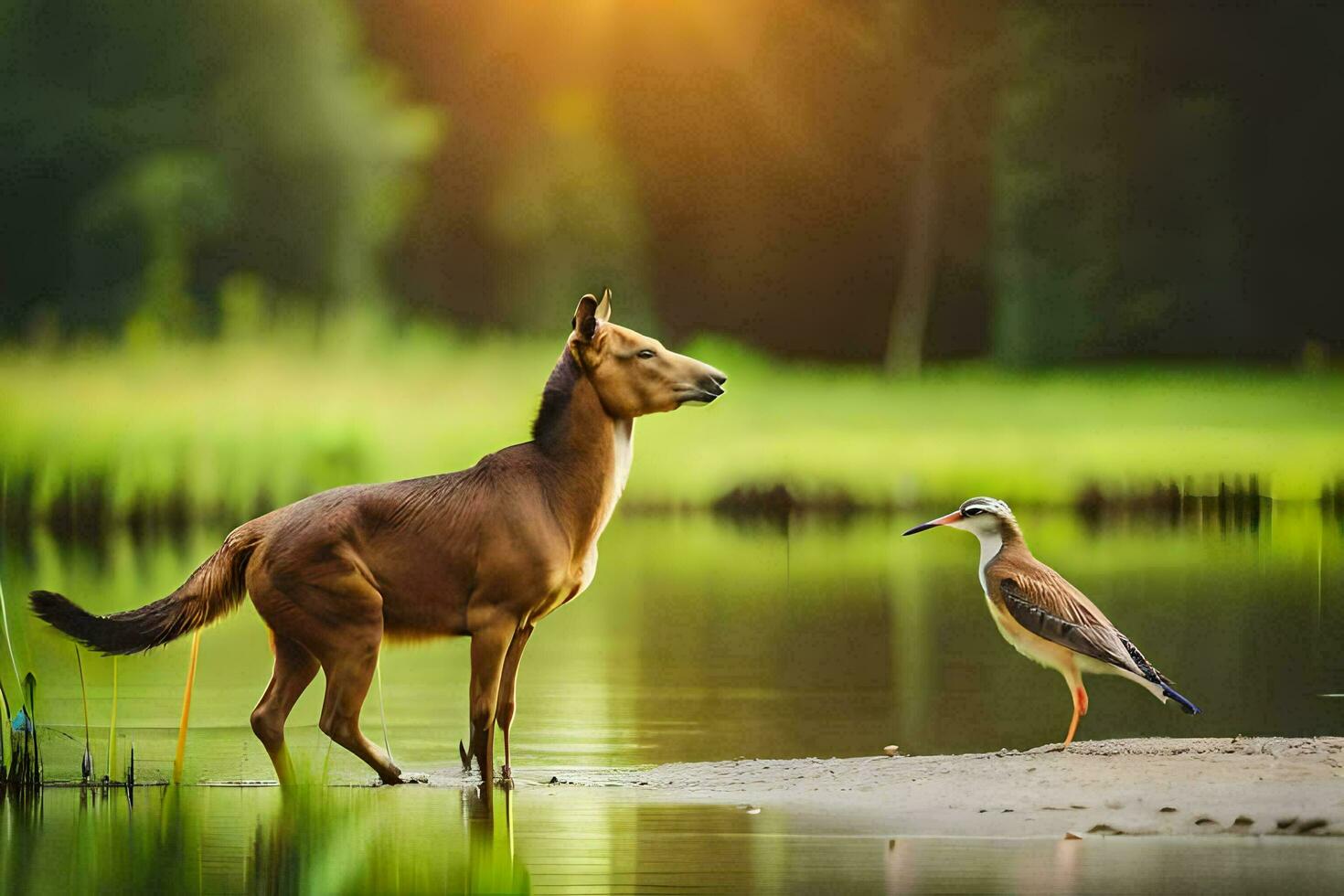 a deer and bird standing in the water. AI-Generated photo