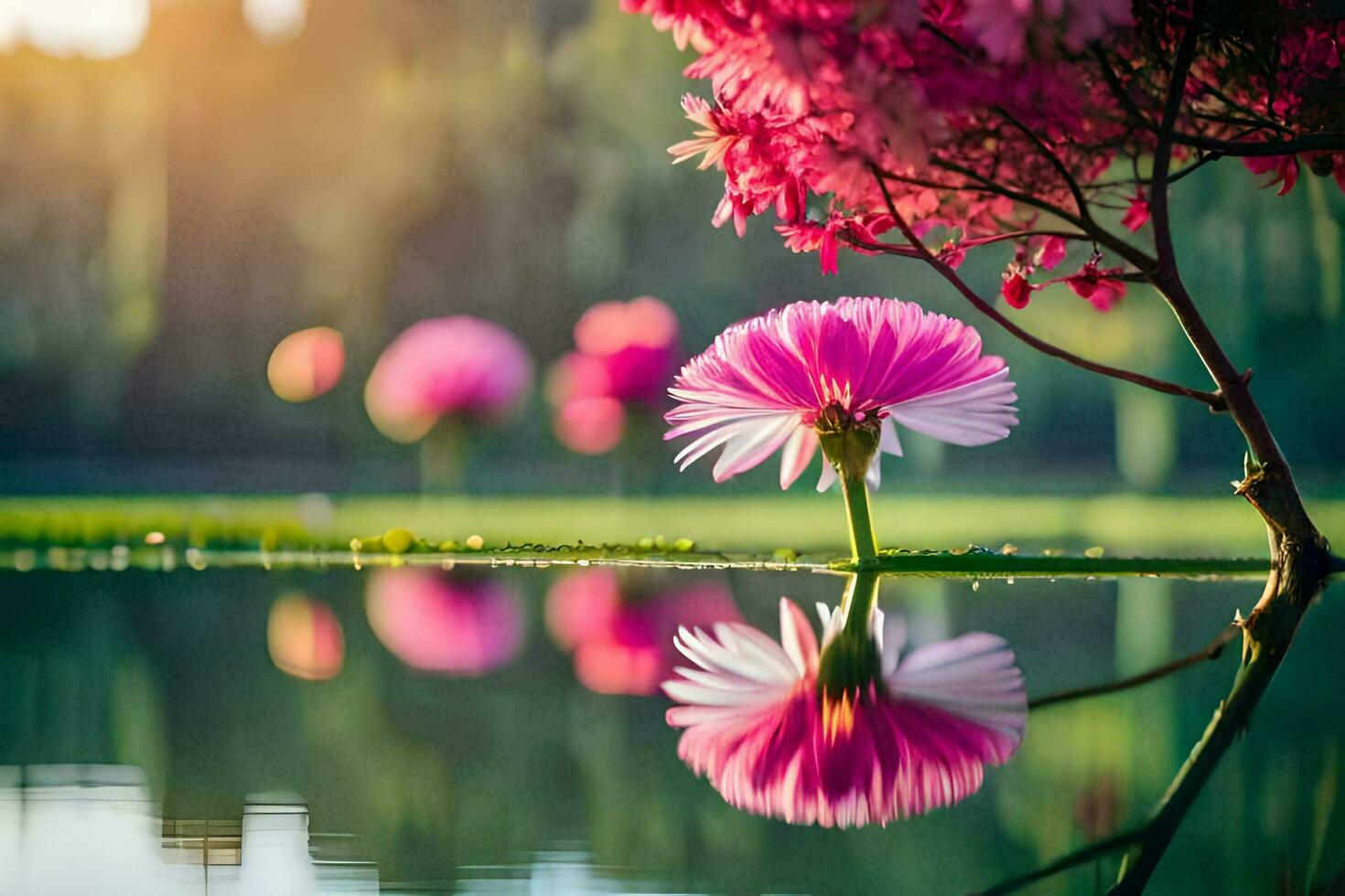 pink flowers are reflected in the water. AI-Generated photo