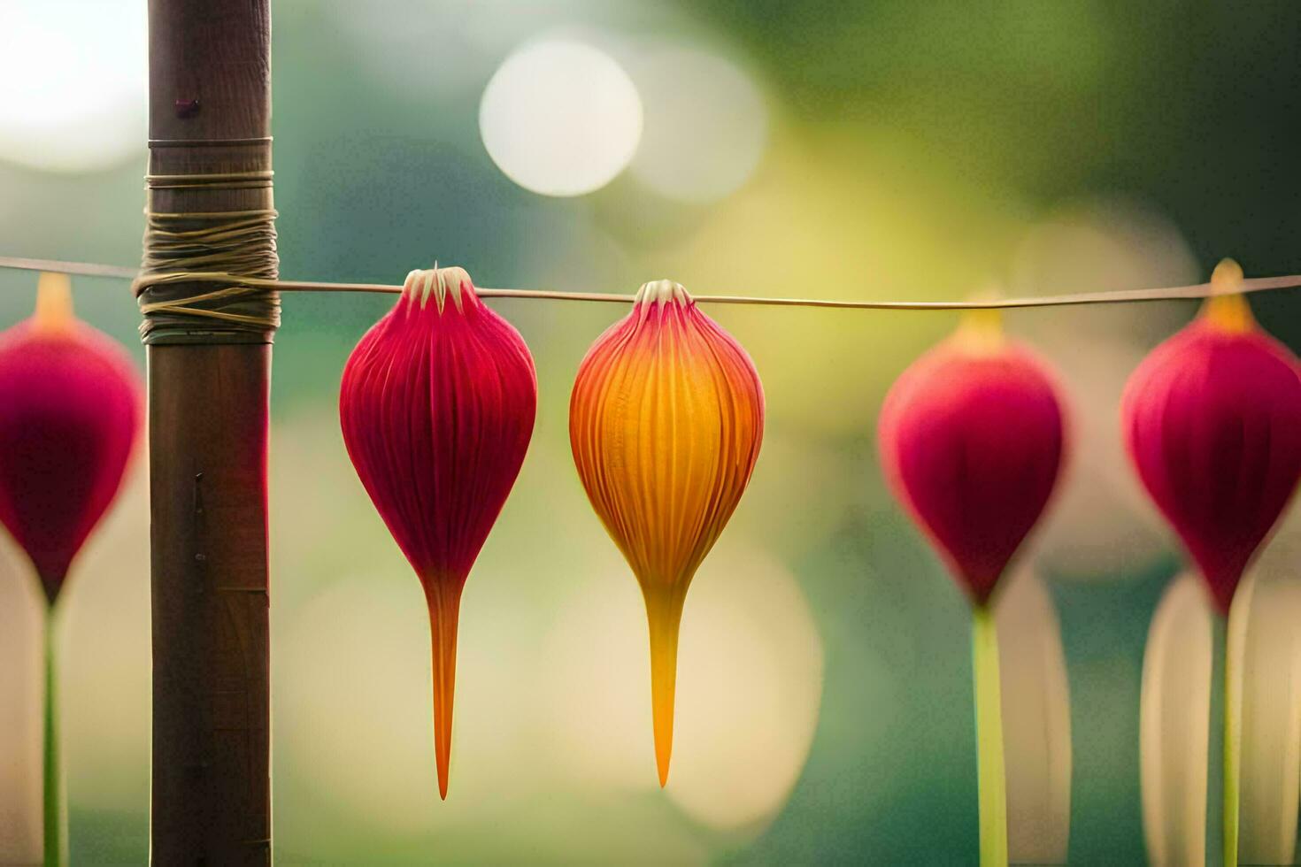 cuatro rojo y amarillo flores son colgando en un cadena. generado por ai foto