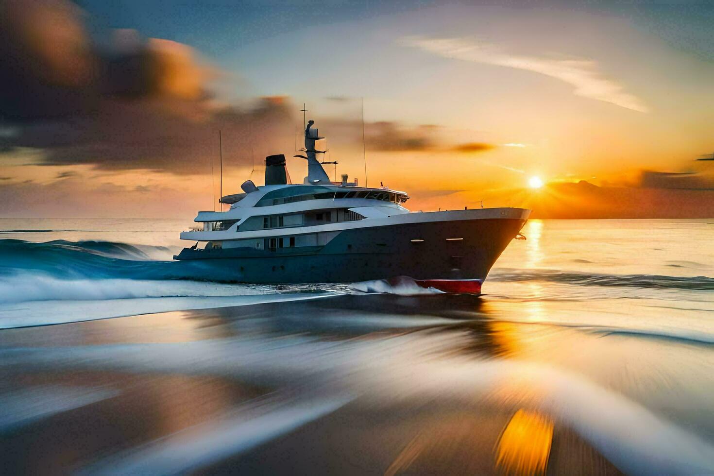 a yacht traveling on the ocean at sunset. AI-Generated photo