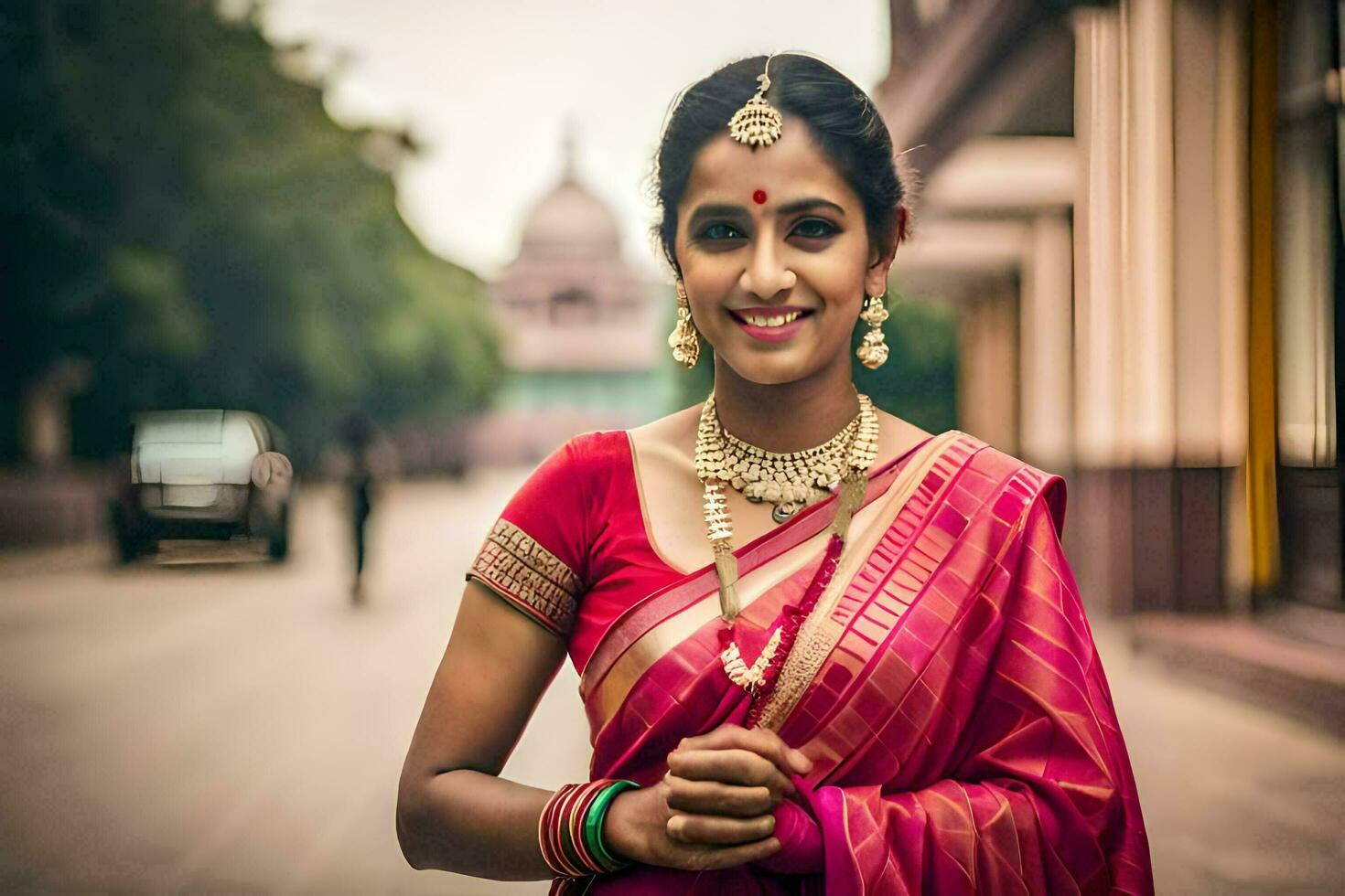 a woman in a sari poses for a photo. AI-Generated photo
