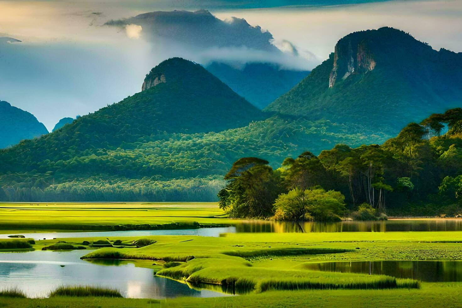 the mountains are reflected in the water. AI-Generated photo