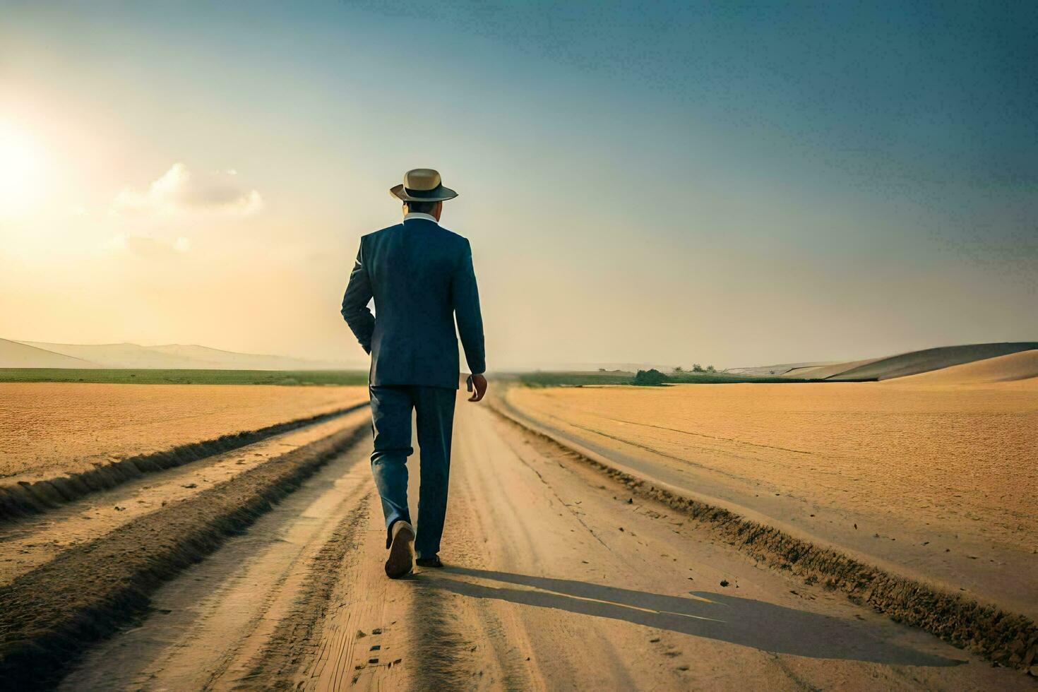 a man in a suit and hat walks down a dirt road. AI-Generated photo