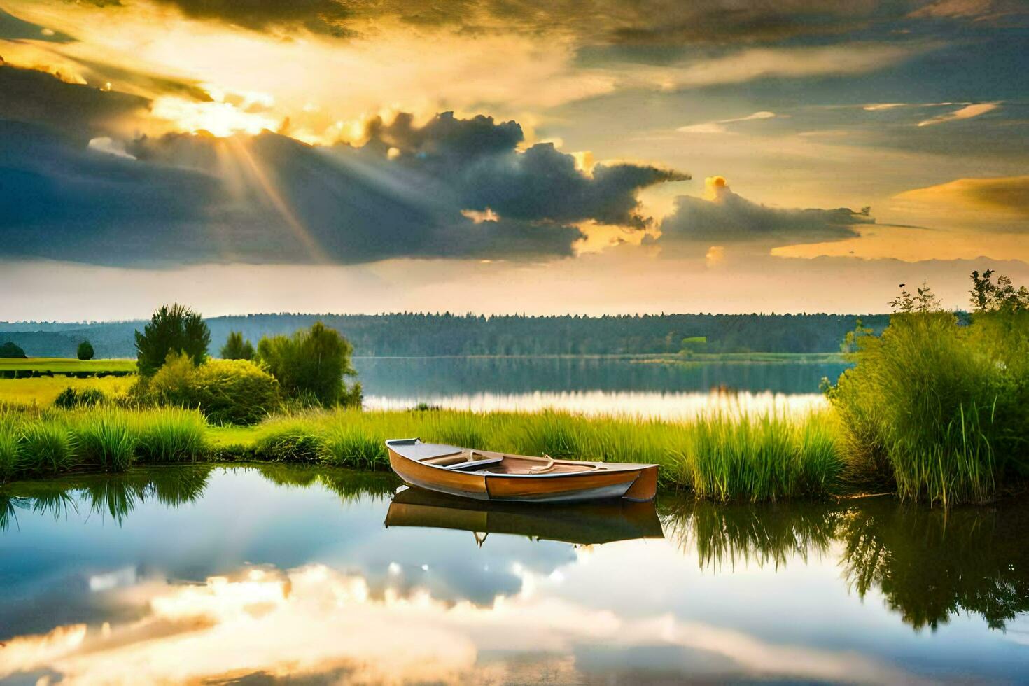 the boat on the lake wallpaper. AI-Generated photo