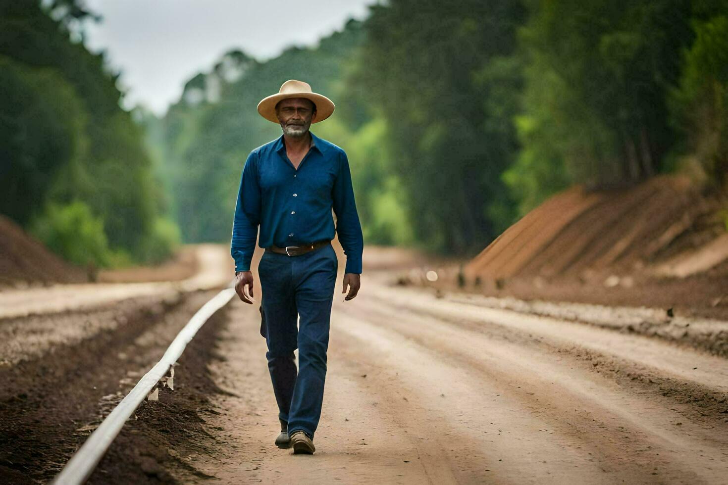 a man in a hat and blue shirt walking down a dirt road. AI-Generated photo