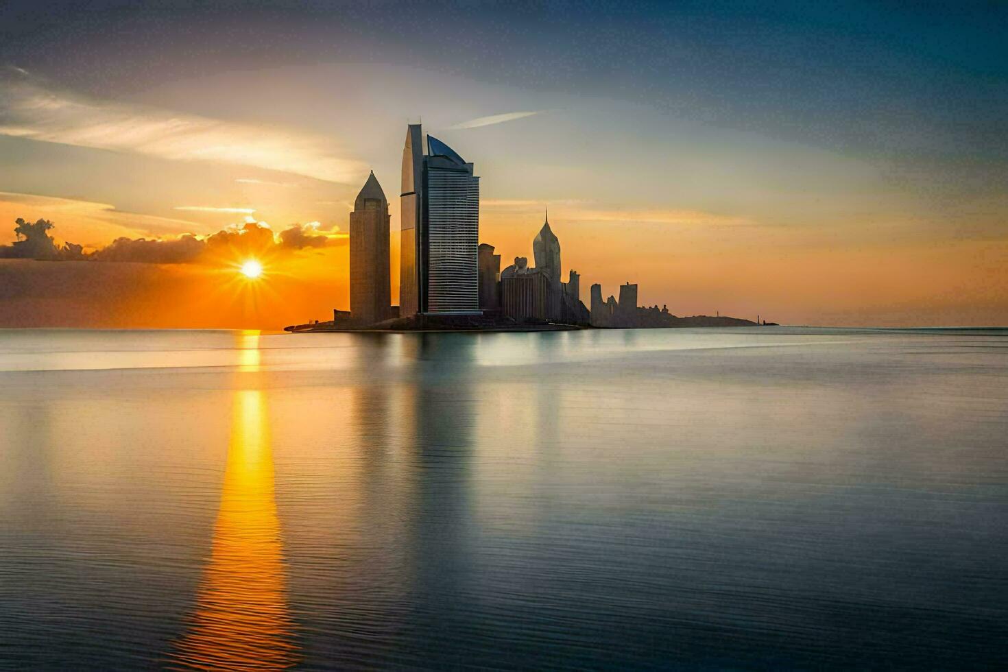 the sun sets over the city skyline in dubai. AI-Generated photo