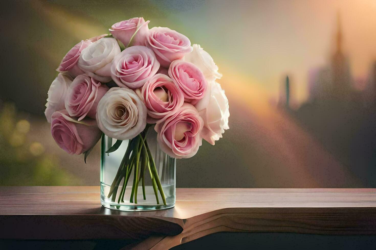 pink roses in a vase on a table. AI-Generated photo