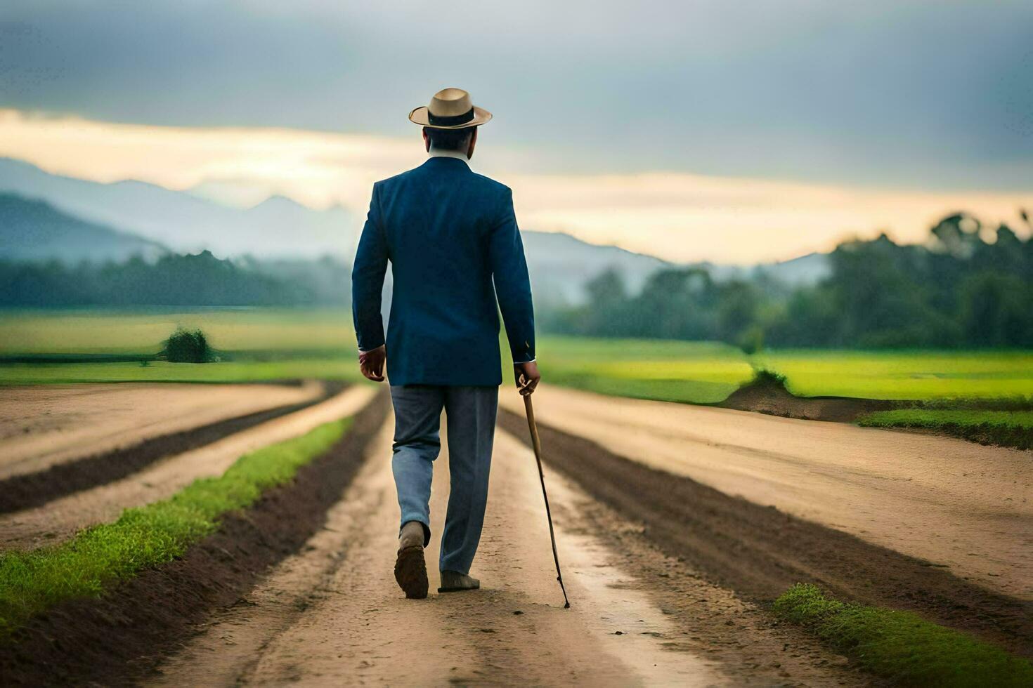 un hombre en un traje camina abajo un suciedad la carretera. generado por ai foto