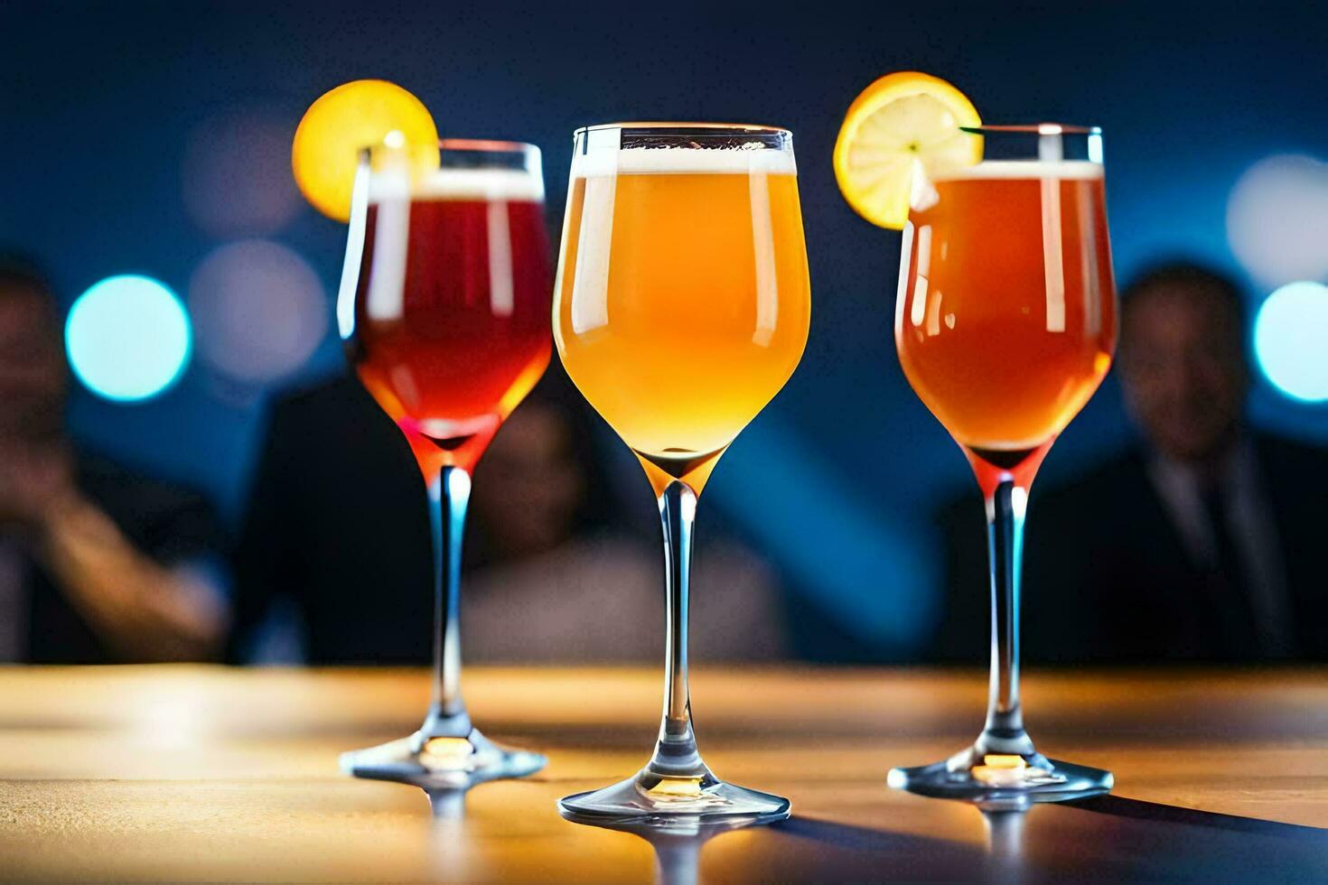 three glasses of different colored drinks on a bar. AI-Generated photo