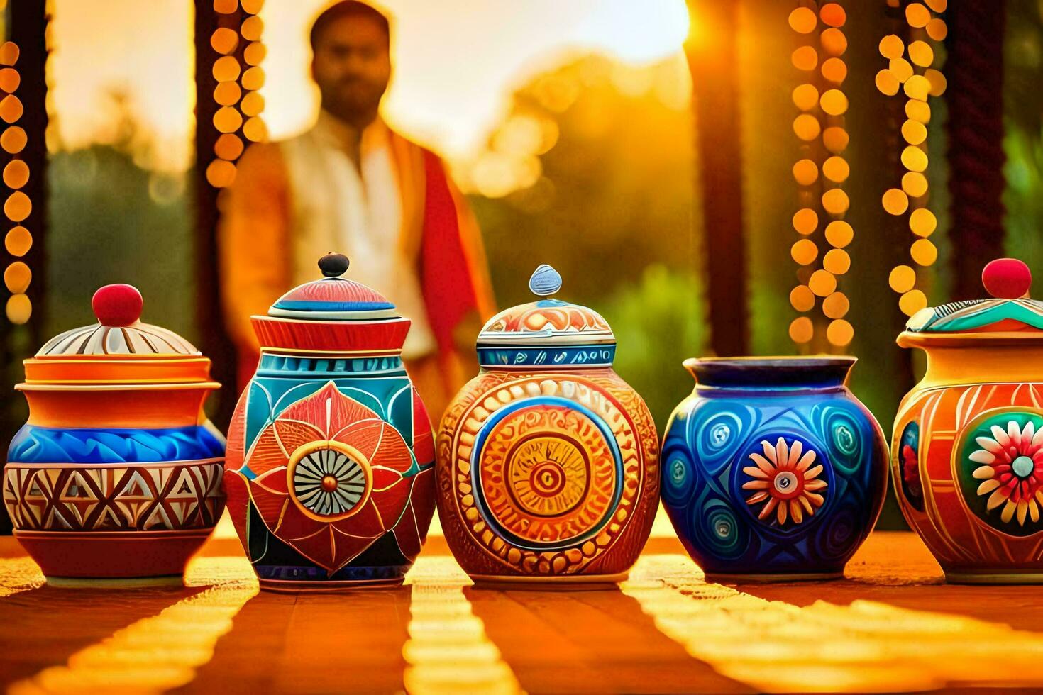 a man is standing in front of colorful pots. AI-Generated photo