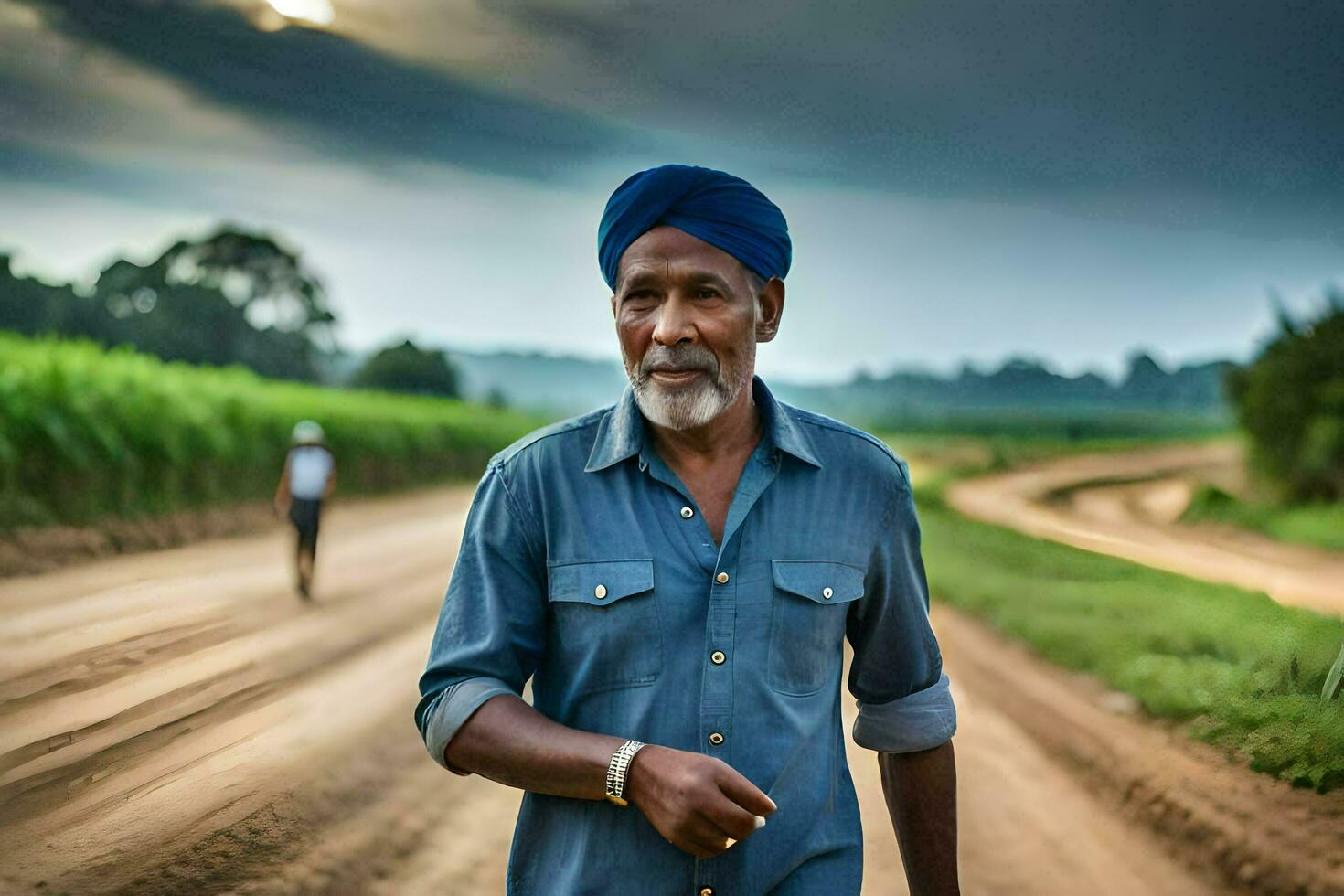 un hombre en un azul turbante caminando abajo un suciedad la carretera. generado por ai foto